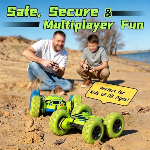 Threeking Remote Control Flip Stunt Car Double Sided Driving Toys Gifts | Durable RC Cars with Breathing Soft Lights for Boys Girls Ages 6-12 - color: Green