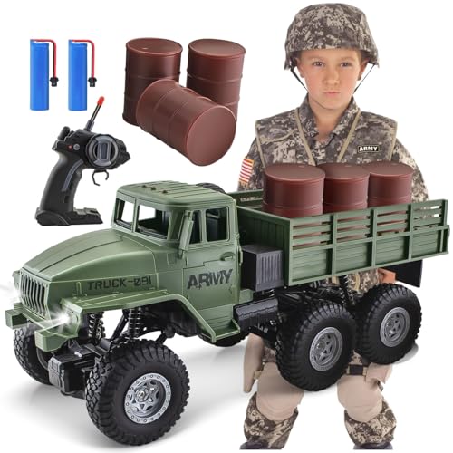KNACKTOYZ 4WD Remote Control Military Truck for Kids 3-8,1:16 Off-Road All Terrain Rock Crawler with Lights, RC Army Transport Vehicle Toy with 2 Rechargeable Batteries, Birthday for Boys