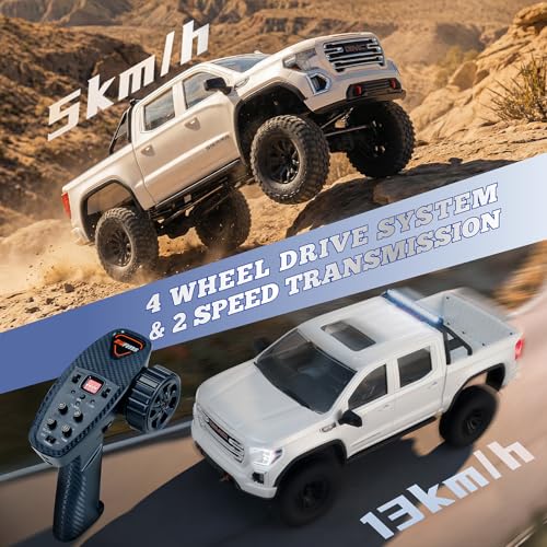 FMS FCX18S GMC Sierra S 1500 RC Crawler, 1/18 Brushless RC Truck 4WD Offroad, Official Licensed GMC Pickup with 2-Speed Transmission, Portal Axles, Metal Gears, ABS Hard Shell, RTR RC Car for Adults