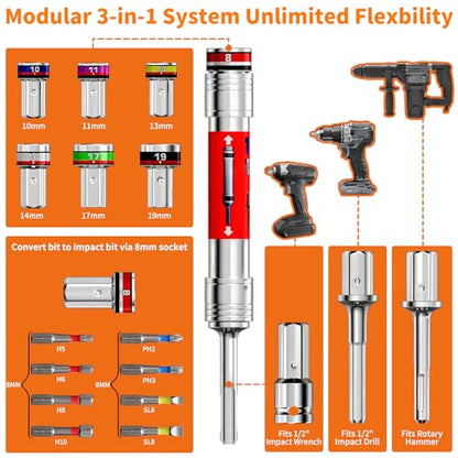 Power Nut Driver Set 19PCS 5-Inch Extended Reach Hollow Nut Driver Shaft | 8-19 mm Metric, 7 Nut Drivers & 8 Screwdriver, 3-in-1 Adapters for Impact Drill Wrench Hammer