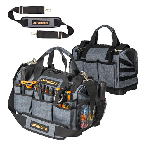 Arbon Electrician Tool Bag, Heavy Duty Tool Organizer, 34 Pockets, 52+ lb | Large storage for men, 5-layer reinforced walls, metal frame, hard molded base, water resistant polyester PP plastic, gray