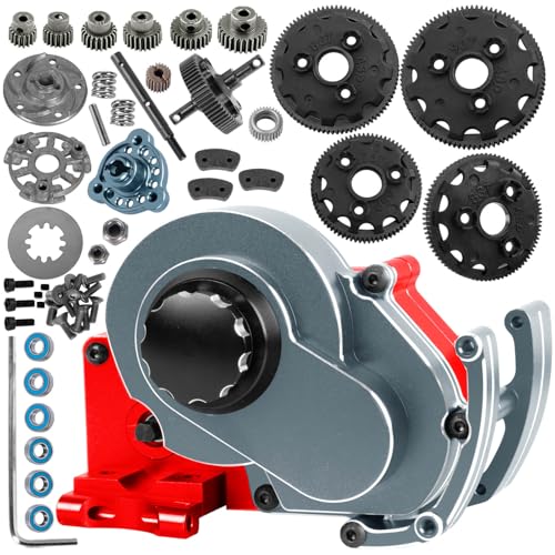 Transmission Case Gearbox w/Spur Gear Upgrades Part for 1/10 Slash/Stampede/Bandit/Rustler 2WD (VXL),RC Aluminum Transmission Gearbox Hops Up,Titanium & Red - color: Titanium - (Gear Gearbox)