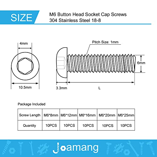 M6 x 8mm 12mm 16mm 20mm 25mm Button Head Socket Cap Screws Bolts, Stainless Steel 304, Metric Allen Hex Drive, Bright Finish, Fully Threaded, Assortment Kit 50PCS - size: Button M6x8-25 mm