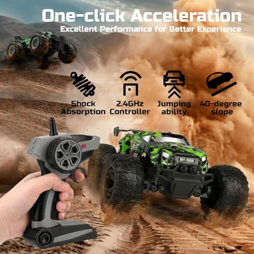 1/18 Remote Control Car with 2 Rechargeable Batteries for Boys Age 3-12 | 2.4GHz All Terrain RC Car with LED Lights & Replaceable Shell, 30 Km/h Off-road RC Truck, Gift for Kids & Beginners