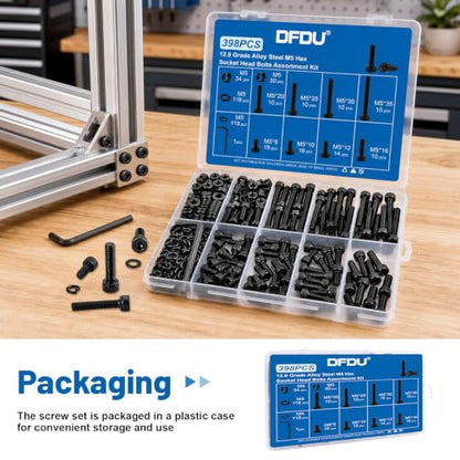 398PCS M5 Socket Head Cap Bolts Kit with Nuts, Flat & Spring Washers | 12.9 Grade Alloy Steel Black Zinc Plated Screws M5-0.8 x8/10/12/16/20/25/30/35 mm Metric Fastener for 3D printer, Furniture - size: G12.9 M5 398PCS