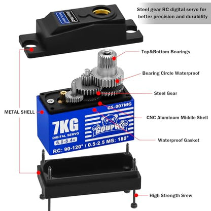 GOUPRC 7KG RC Micro Digital Medium-Aluminum Servo, High Torque Metal Steel Gears with 25T Servo Horn for 1/14 1/16 RC Car Crawler Boat DIY Robot Upgrade Servo Parts - style: 7KG Blue