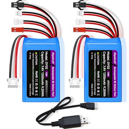 7.4V Lipo Battery 2S 30C 1250mAh with JST&PH2.0&MX2.0&SM2.0 Plug Connector and USB Charger for SCX24 CR18P FCX18 FCX24 RC Crawler WLtoys A949 K929 and 1/10, 1/16, 1/18, 1/24 RC Car/Boat/Airplane