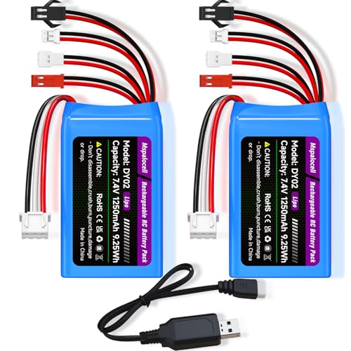 7.4V Lipo Battery 2S 30C 1250mAh with JST&PH2.0&MX2.0&SM2.0 Plug Connector and USB Charger for SCX24 CR18P FCX18 FCX24 RC Crawler WLtoys A949 K929 and 1/10, 1/16, 1/18, 1/24 RC Car/Boat/Airplane