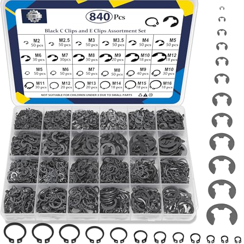 ZQZ 840Pcs C Clips Assortment (M5-M16) and E Clips Assortment Set (2.0mm-12mm), External Retaining Rings, 24 Sizes Snap Rings Assortment Kit, Black Carbon Steel Circlip Retaining Clip - color: Black, size: Black Carbon Steel 840pcs E-clips+C-clips