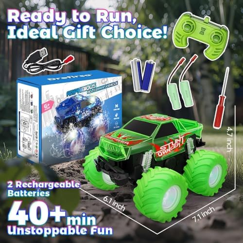 Drefirsa Waterproof Remote Control Monster Truck, Remote Control Car Toy | Amphibious, 4WD All Terrain RC Truck with Colorful Light, RC Stunt Car Toy for 6 7 8 9 10 11 12 Year Old Boy Birthday Gift - color: Blue