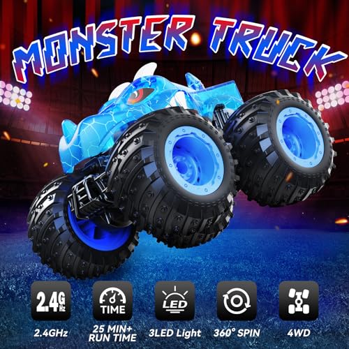 AUUGUU Remote Control Car, 2.4GHz Monster Trucks Toys with Light Spray, Birthday Gift for Kids 3 4 5 6 7 8, All Terrain RC Cars, Toddler Toys for Boys Girls 3+ Year Old - style: Dinosaur-blue