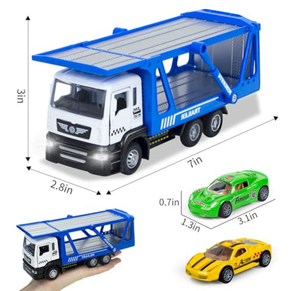 Toy Trucks, Pull Back Transport Truck Toys with 2Pcs Diecast Cars | Lights & Sounds, Alloy Truck with Trailer Transporter Vehicles Set, Toy Trucks for Toddlers Boys 3 4 5 6 7 8 Years Old Gift - style: Transporter Truck