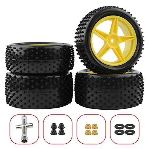 1/10 Buggy Tires & Wheels - Front 34mm Rear 41mm Off-Road Tires with 12mm Hex Yellow Rims, Compatible with Traxxas Bandit VXL, Redcat Tornado, Tamiya - color: Yellow
