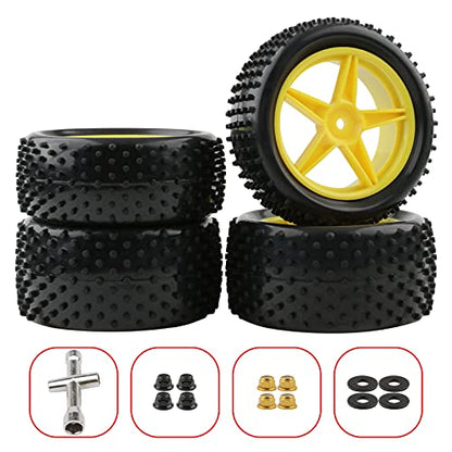 1/10 Buggy Tires & Wheels - Front 34mm Rear 41mm Off-Road Tires with 12mm Hex Yellow Rims, Compatible with Traxxas Bandit VXL, Redcat Tornado, Tamiya - color: Yellow