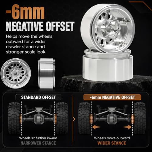 4PCS 1.9" RC Beadlock Wheels with12mm Hex & -6mm Offset Aluminum 30mm Wide Rims for 1/10 RC Crawler, Compatible with TRX4 TRX6 SCX10 SCX10 II III Gen8 RC4WD D90 90046 AXI03007 - color: Silver-Silver