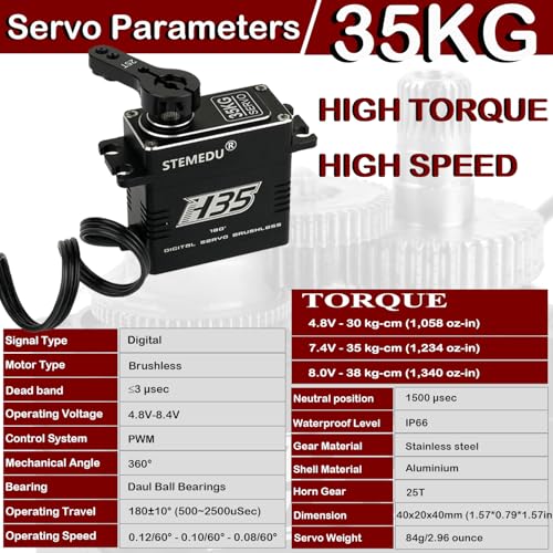 35kg Brushless Digital RC Servo, IP66 Waterproof, Full Metal Case & Steel Gear, 0.07s/60° & 38kg·cm Torque for 1/8 1/10 Crawler Car Buggy (180°) - style: Black 35KG - 180 Degree