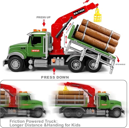 Dwi Dowellin Kids Toys for 3 4 5 6 7 Years Old Boys,15" Large Timber Truck with Loading Crane and 6 Trunks,Birthday Gifts for Boy Toddler Child - style: farm truck