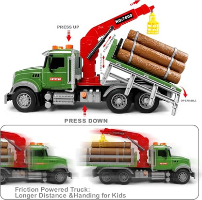 Dwi Dowellin Kids Toys for 3 4 5 6 7 Years Old Boys,15" Large Timber Truck with Loading Crane and 6 Trunks,Birthday Gifts for Boy Toddler Child - style: farm truck