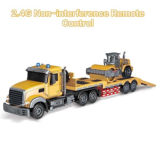 Fistone RC Semi Truck with Trailer, 1:24 RC Semi-Trailer Engineering Tractor with Sound and Lights, 2.4Ghz Remote Control Flatbed Truck with Road Roller Toys, Construction Vehicles Toy for Boys - style: Truck & Road Roller Toy