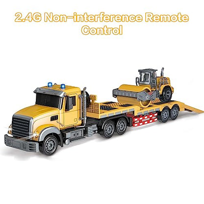 Fistone RC Semi Truck with Trailer, 1:24 RC Semi-Trailer Engineering Tractor with Sound and Lights, 2.4Ghz Remote Control Flatbed Truck with Road Roller Toys, Construction Vehicles Toy for Boys - style: Truck & Road Roller Toy