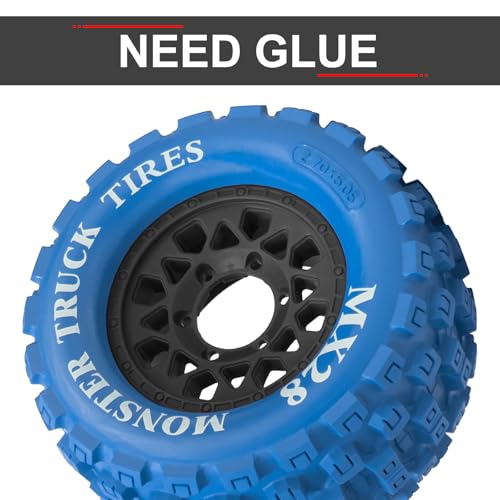 LRFHL MX28 F/R 2.8" RC Monster Truck Tires and Wheels 4PCS, Blue | 12mm/14mm Hex Adapter, 1/10 RC Monster Truck, Compatible with Traxxas Stampede Rustler Redcat Arrma Vorteks Big Rock Granite - color: Blue Tires+ Black Wheel-6
