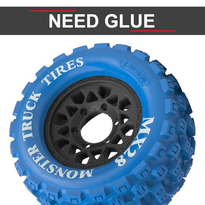 LRFHL MX28 F/R 2.8" RC Monster Truck Tires and Wheels 4PCS, Blue | 12mm/14mm Hex Adapter, 1/10 RC Monster Truck, Compatible with Traxxas Stampede Rustler Redcat Arrma Vorteks Big Rock Granite - color: Blue Tires+ Black Wheel-6