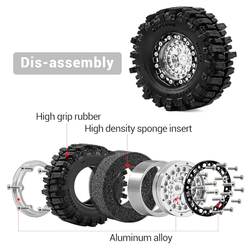 1.3" Beadlock Wheels and Tires for SCX24 TRX4M 1/18 1/24 RC Crawler – Aluminum CNC Rims, Rubber Tires with Foam Inserts, Upgrade Parts (Silver)