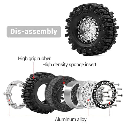 1.3" Beadlock Wheels and Tires for SCX24 TRX4M 1/18 1/24 RC Crawler – Aluminum CNC Rims, Rubber Tires with Foam Inserts, Upgrade Parts (Silver)