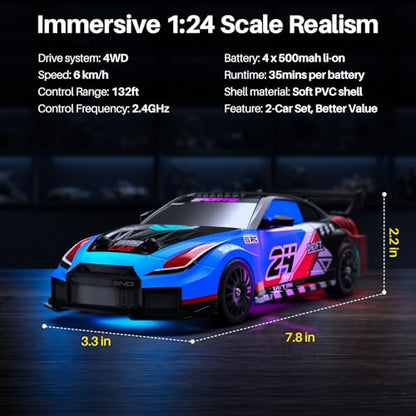 Geyiie 2 Pack RC Drift Cars, 1:24 Remote Control Car Set, Up to 70 Mins Per Car, LED Lights, Mini Track Barriers & Challenge Cards, 2 Player Indoor Gift for Boys & Girls