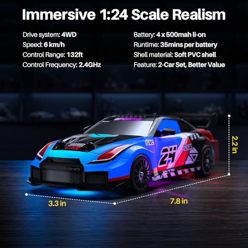 Geyiie 2 Pack RC Drift Cars for Kids, Complete 2-Player Racing Set | 1:24 scale, LED lights, 4 batteries, drift and grip tires, barriers and challenge cards for indoor racing on wood and tile