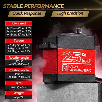 25KG Servo Motor High Torque Metal Gear for 1/10 1/8 RC Car 2 Pack | 27.5kg·cm Torque 0.13s/60° Speed @8.4V, Digital 270 Degree Waterproof Standard Steering with 25T Horn for RC Crawler Robot
