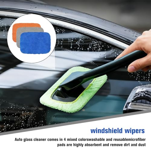 Car Windshield Cleaning Tool, Vehicle Window Wash Brush with 4 Washable and Reusable Microfiber Pads, Extendable Handle Automotive Glass Wiper Cleaning Kit, Universal Fit