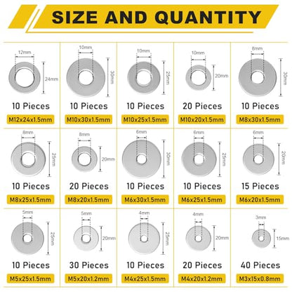 235Pcs Fender Washers, 304 Stainless Steel Flat Washers Assortment Kit, 15 Different Sizes M3 M4 M5 M6 M8 M10 M12 Metal Washers for Screws Bolts Hardware for Various Home Industrial Automotive - size: 15 Sizes 235 Pieces