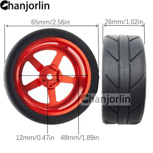 1/10 On Road Racing Tires And 5-Spoke Aluminum Wheels 12mm Hex OD 2.56" RC Touring Tyres For 1:10 Rally Street Drift Car Tamiya TT01 TT02 XV01 A959 PTG2 KYOSHO HSP Traxxas 4PCS (Red) - color: Red