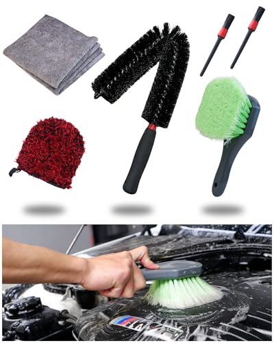 7PACK Car Engine Bay Details Cleaning Kit, Soft-bristled Engine Surface Brush,Long&Slim Bendable Brush, Edgeless Drying Towel,Finger Microfiber Applicator, Deep Cleans Engine Bay Hard to Reach Place