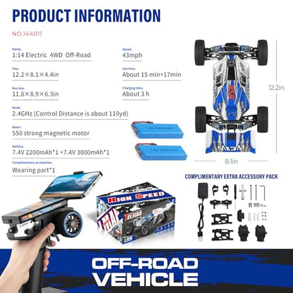 WLtoys 144011 1/14 Scale RC Car, 43 MPH High-Speed,Suitable for All-Terrain | 4WD Off-Road Remote Control Car for Adults, Upgraded Hardware for More Durability, Multifunctional LED Light，Hobby RC Truck
