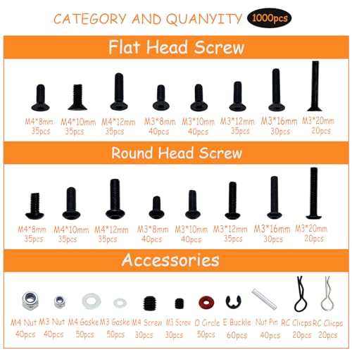 1000pcs RC Screw Kit RC Car Tool Kit, Hardware Fasteners for Traxxas Arrma Redcat Axial RC4WD HSP HPI SCX10 Losi 1/8 1/10 1/12 1/16 RC Cars Trucks Crawler, RC Screws Accessories