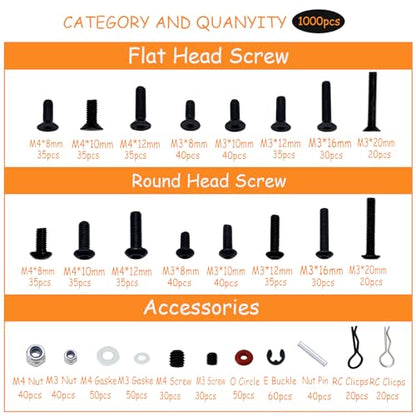 1000pcs RC Screw Kit RC Car Tool Kit, Hardware Fasteners for Traxxas Arrma Redcat Axial RC4WD HSP HPI SCX10 Losi 1/8 1/10 1/12 1/16 RC Cars Trucks Crawler, RC Screws Accessories