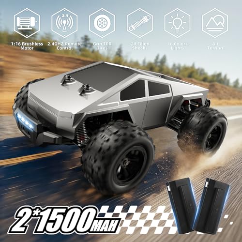 1/16 Brushless Fast RC Cars for Adult, 35Mph High Speed Remote Control Car, Cyber RC Truck, 4x4 Monster Truck Toy, 2.4GHz Remote, All Terrain Off-Road Vehicle, Colorful LED Light, Kids Gift