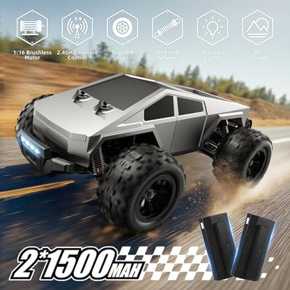 1/16 Brushless Fast RC Cars for Adult, 35Mph High Speed Remote Control Car, Cyber RC Truck, 4x4 Monster Truck Toy, 2.4GHz Remote, All Terrain Off-Road Vehicle, Colorful LED Light, Kids Gift