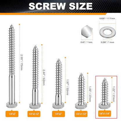 25 Pcs 1/4" x 1-1/4" Hex Head Lag Screws for Wood, Hex Head Lag Bolts,304 Stainless Steel 18-8 Heavy Duty Wood Screw with Flat Washers (25, 1/4" x 1-1/4") - size: 1/4" x 1-1/4"