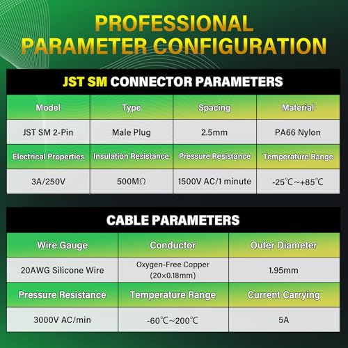 20 Pieces JST SM 2.5mm 2 Pin 20AWG Flexible Silicone Connector Kit | Premium Automotive Wiring, Heavy Duty Terminals, Reliable Circuit Board, High Temperature Housing, Easy Project Assembly - size: 2-Pin, style: JST-SM-M