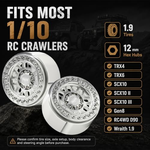 4PCS 1.9" RC Beadlock Wheels with12mm Hex & -6mm Offset Aluminum 30mm Wide Rims for 1/10 RC Crawler, Compatible with TRX4 TRX6 SCX10 SCX10 II III Gen8 RC4WD D90 90046 AXI03007 - color: Silver-Silver