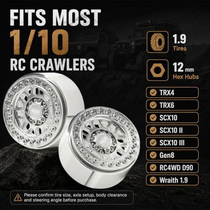 4PCS 1.9" RC Beadlock Wheels with12mm Hex & -6mm Offset Aluminum 30mm Wide Rims for 1/10 RC Crawler, Compatible with TRX4 TRX6 SCX10 SCX10 II III Gen8 RC4WD D90 90046 AXI03007 - color: Silver-Silver