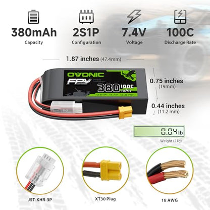 OVONIC 2S 380mAh Lipo Battery 7.4V 100C High Voltage Battery with XT30 Plug for RC Car Truck RC Vehicles Boat Drone RC Airplane Quadcopter Helicopter FPV Racing Hobby Models [4pcs]