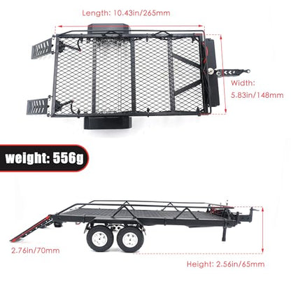 1/18 1/24 Metal Flatbed RC Trailer Kit with Tow Hitch for TRX4M SCX24 | For Axial SCX24 FMS FCX24 1/18 1/24 RC Car,RC Trailer with LED Taillight & Hook Hitch,Heavy-Duty,Strong and Durable