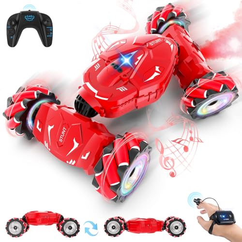 Pristar RC Stunt Cars, Gesture Sensing Remote Car Toys for 6-12 Boys Girls | 2.4Ghz Hand Remote Control Car with Spray Lights Music 360° Rotation 4WD Off-Road, Birthday Xmas Gifts for Kids Age 6-12 - color: Red