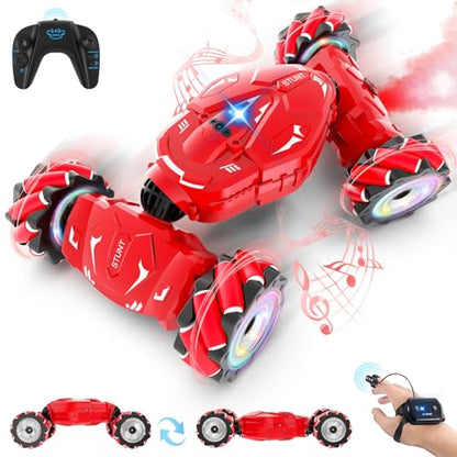 Pristar RC Stunt Cars, Gesture Sensing Remote Car Toys for 6-12 Boys Girls | 2.4Ghz Hand Remote Control Car with Spray Lights Music 360° Rotation 4WD Off-Road, Birthday Xmas Gifts for Kids Age 6-12 - color: Red
