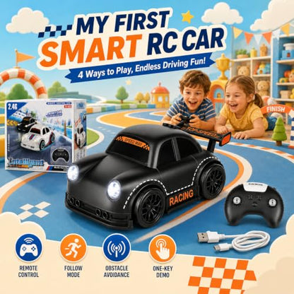 BYTEWAR 3-in-1 Remote Control car for Toddlers, Drift Follow Escape Modes | One-Key Auto Showcase Simulated Sounds and Headlights, Kids Toys for Age 3+ - color: Black Car