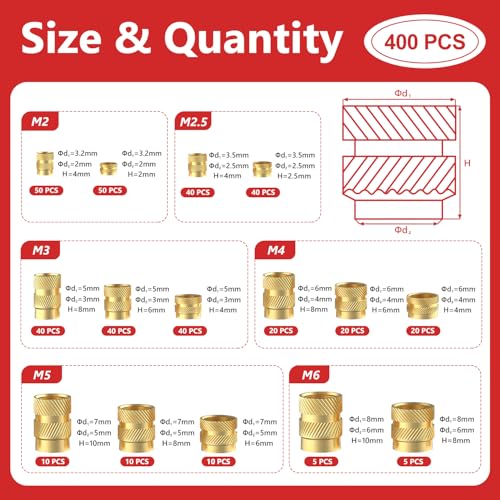 Newdeli 400pcs Threaded Inserts M2 M2.5 M3 M4 M5 M6 Heat Set Inserts Kit for Plastic and 3D Printing Components- Brass Metric Knurled Nuts Assortment Kit - size: M2 M2.5 M3 M4 M5 M6 (400 pieces)
